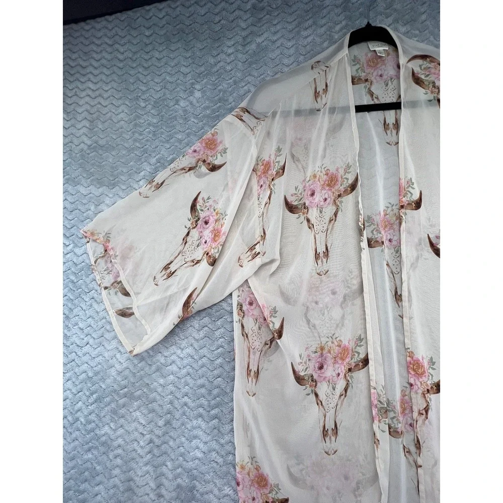 Pink Owl Kimono Duster Cardigan Floral Bull Skull‎ Bohemian Festival Cover Up